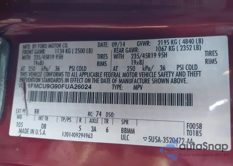 2015 Ford Escape Se from USA, damaged, VIN 1FMCU9G90FUA26024